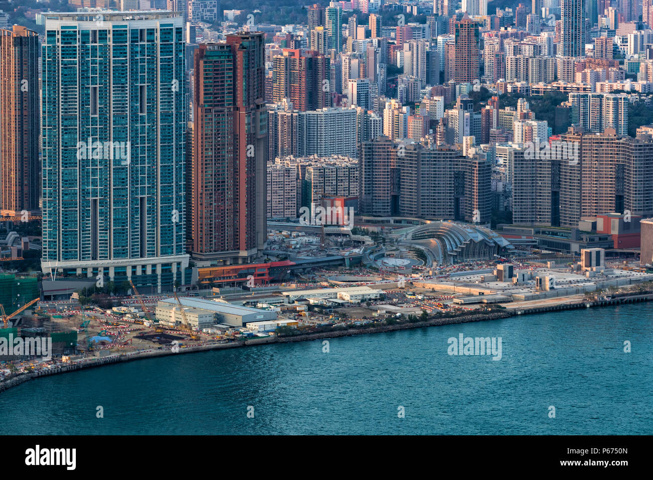West Kowloon, Hong Kong - 05.April 2018: Luftbild der Baustelle von Hongkong West Kowloon Station Stockfoto