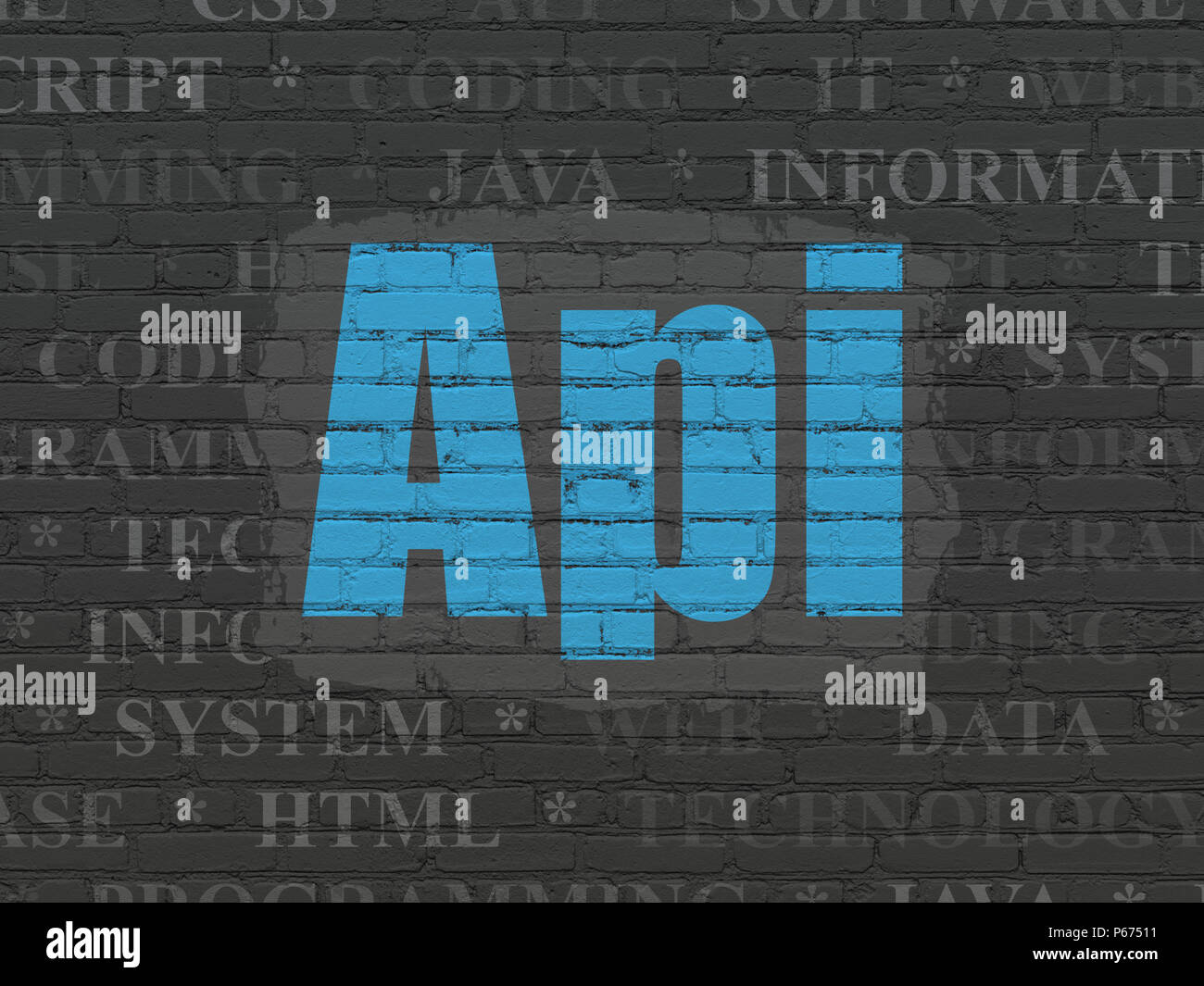 Programmierung Konzept: blau lackiert Text Api auf schwarzen Mauer Hintergrund mit Tag Cloud Stockfoto