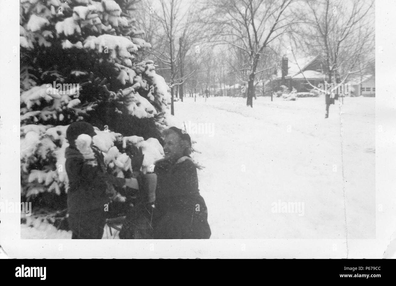 Schwarz-weiß Foto, mit einem warm gekleidet, blonde Frau, kauern, mit erhobener Hand auf einen Schneeball über durch eine kleine, warm gekleidet Junge vor ihr geworfen werden, mit Schnee bedeckten Boden, Bäume und Häuser im Hintergrund sichtbar, wahrscheinlich in Ohio in den zehn Jahren fotografierte nach dem Zweiten Weltkrieg, 1950 zu fangen. () Stockfoto