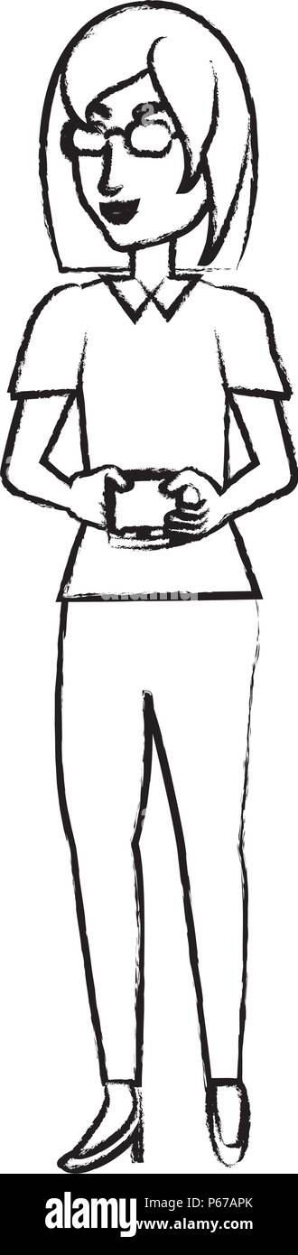 Cartoon Frau mit einem Handy mit weißem Hintergrund, Vector Illustration Stock Vektor