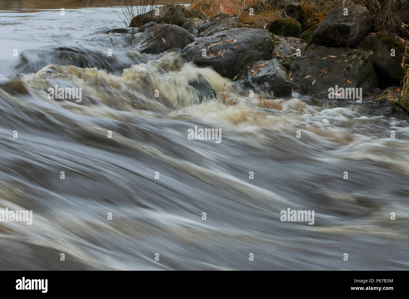 Rapid River flow und Felsbrocken mit Laub am Ufer im Herbst Stockfoto