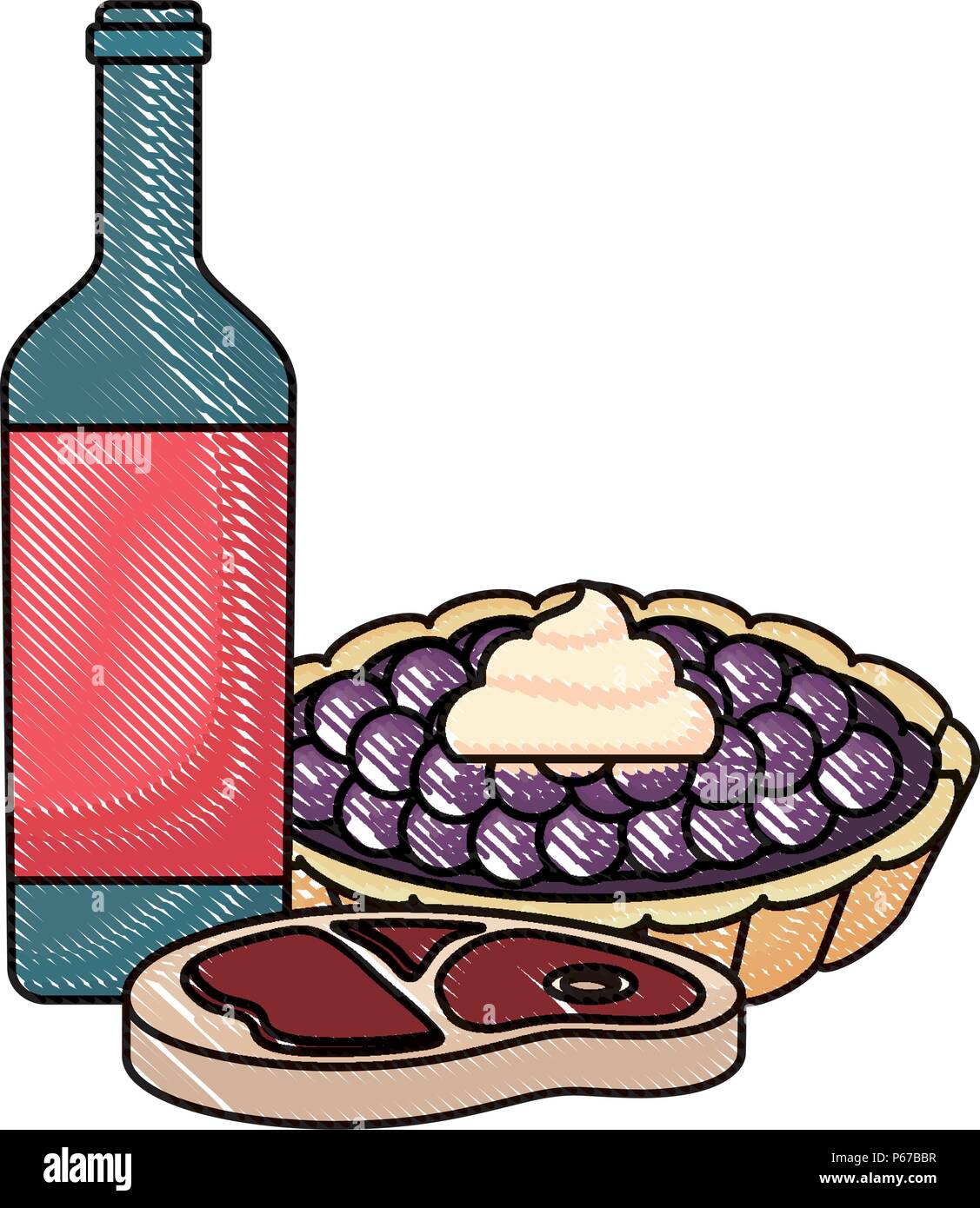 Das Essen bei einem Picknick mit Wein Flasche mit süßen Kuchen und Fleisch Steak auf weißem Hintergrund, Vector Illustration Stock Vektor