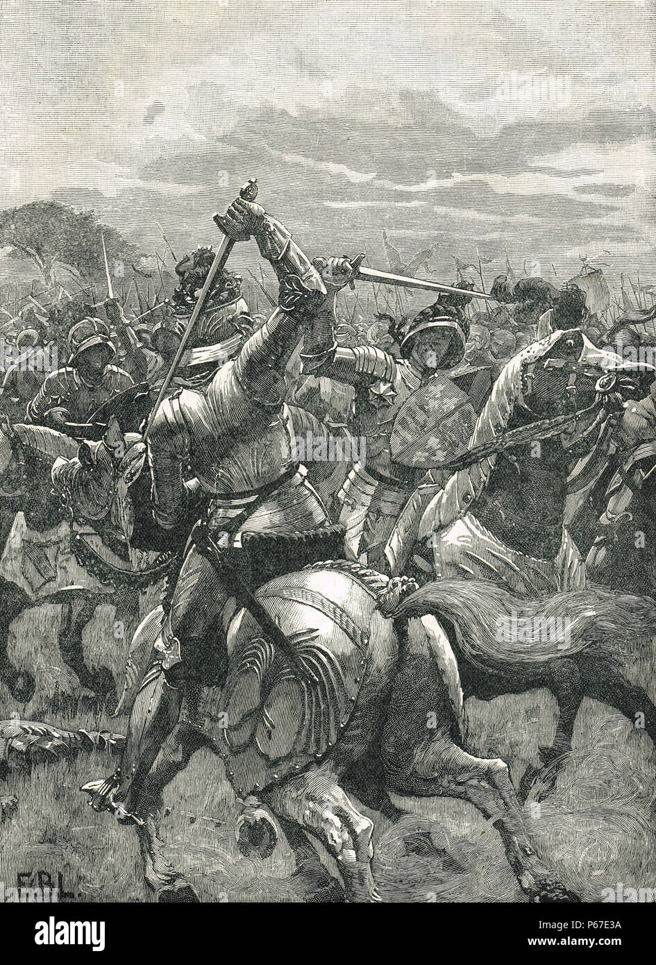 Richard III. kämpft in der Schlacht von Bosworth Field, 22. August 1485 Stockfoto