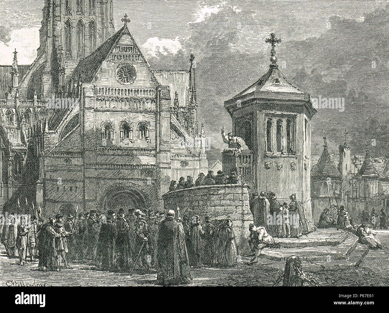 Predigt in der St. Paul's Cross, 16. Jahrhundert, Predigt kreuz und Open-air-Kanzel, auf dem Gelände des alten St Paul's Cathedral, London Stockfoto