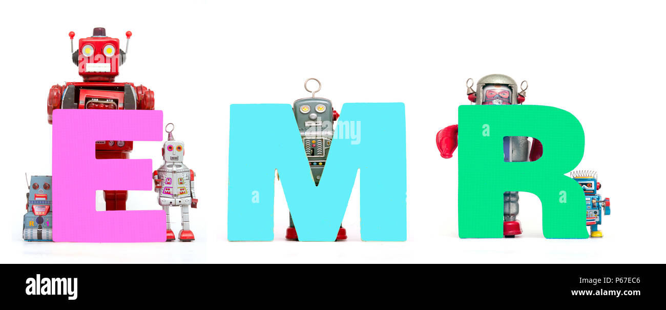 Retro Zinn Roboter Spielzeug halten die Abkürzung EMR auf weißem solated Stockfoto