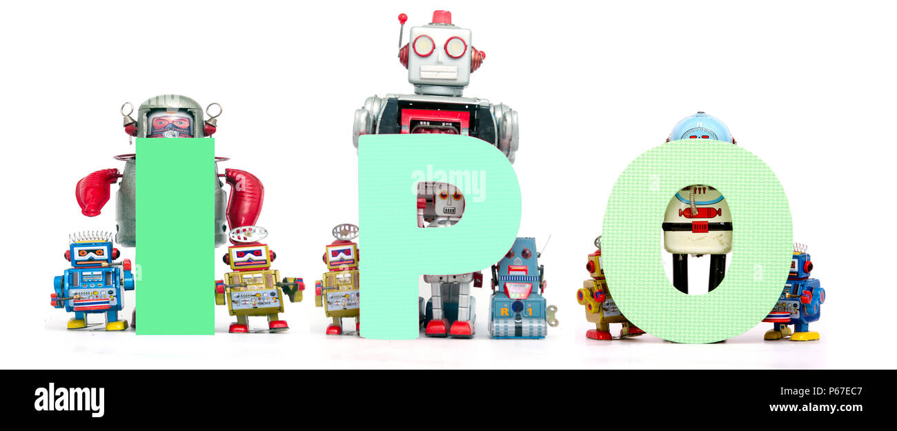 Retro Zinn Roboter Spielzeug halten die Abkürzung IPO auf Weiß isoliert Stockfoto