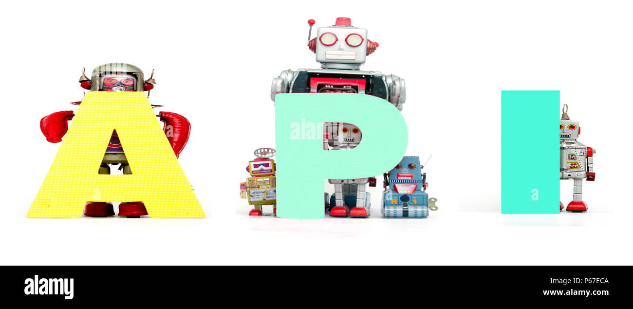 Retro Zinn Roboter Spielzeug halten die Abkürzung API auf Weiß isoliert Stockfoto
