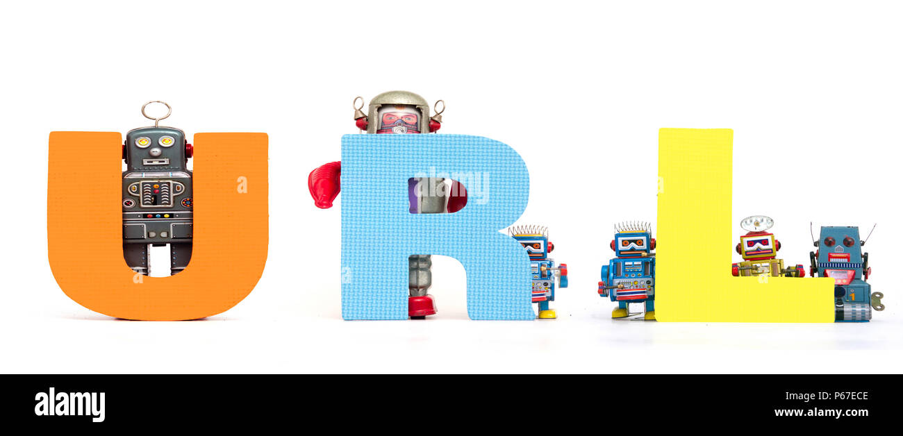 Retro Zinn Roboter Spielzeug halten die Abkürzung URL auf Weiß isoliert Stockfoto