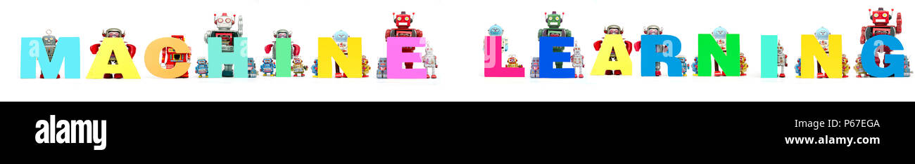 Retro Zinn Roboter Spielzeug halten, das Wort MACHINE LEARNING auf weißen Banner isoliert Stockfoto