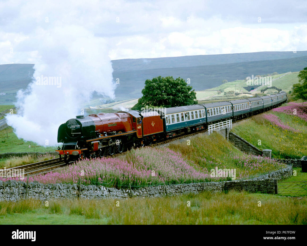 Cumbrian Mountain Express. Nr. 46229 'Duchess von Hamilton "Blätter Lunds Kreuzung auf dem Weg nach Appleby. 10. August 1982. Stockfoto