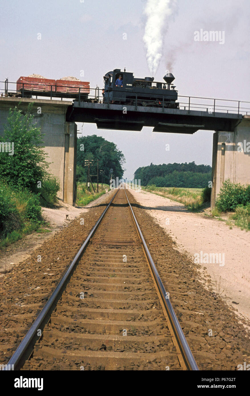 Deutschlands Letzte Änderung am Mittwoch, 29. Juni 1977 aktiv 600 mm Feldbahn 0-8-0T Nr. 993316 auf dem Ton Tragesystem in Bad Muskau. Es gab das Feld Stockfoto