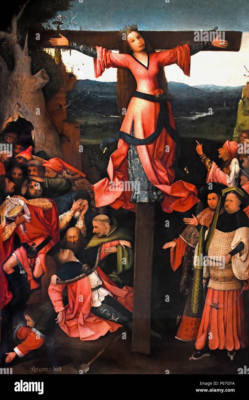 Triptychon des gekreuzigten Märtyrer von Jeroen oder Hieronymus oder Hieronymus Bosch 1450-1516 Die Niederlande Niederländisch Holland Stockfoto Triptychon des gekreuzigten Märtyrer von Jeroen oder Hieronymus oder Hieronymus Bosch 1450-1516 Die Niederlande Niederländisch Holland Stockfoto