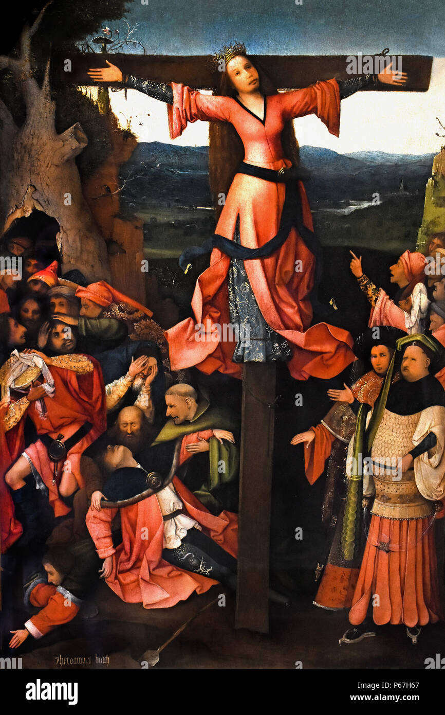 Triptychon des gekreuzigten Märtyrer von Jeroen oder Hieronymus oder Hieronymus Bosch 1450-1516 Die Niederlande Niederländisch Holland Stockfoto Triptychon des gekreuzigten Märtyrer von Jeroen oder Hieronymus oder Hieronymus Bosch 1450-1516 Die Niederlande Niederländisch Holland Stockfoto