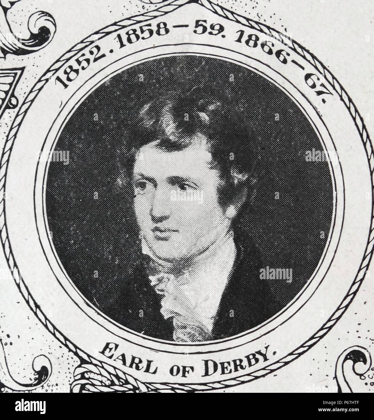 Earl of Derby (29. März 1799 - 23. Oktober 1869) englische Staatsmann; drei Mal Premierminister des Vereinigten Königreichs, und der dienstälteste Führer der Konservativen Partei. Stockfoto