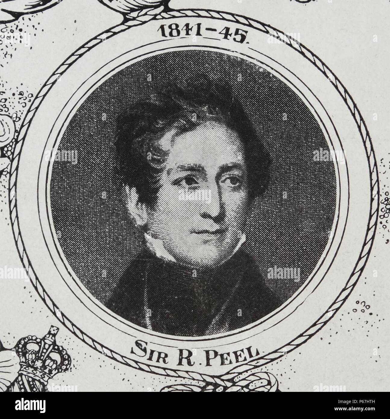 Sir Robert Peel; (1788 - vom 2. Juli 1850) der britischen Konservativen Staatsmann; wer diente als Premierminister des Vereinigten Königreichs vom 10. Dezember 1834 bis 8. April 1835 und vom 30. August 1841 bis 29. Juni 1846. Während Innenminister; Schalen geholfen, das moderne Konzept der Polizei erstellen Stockfoto