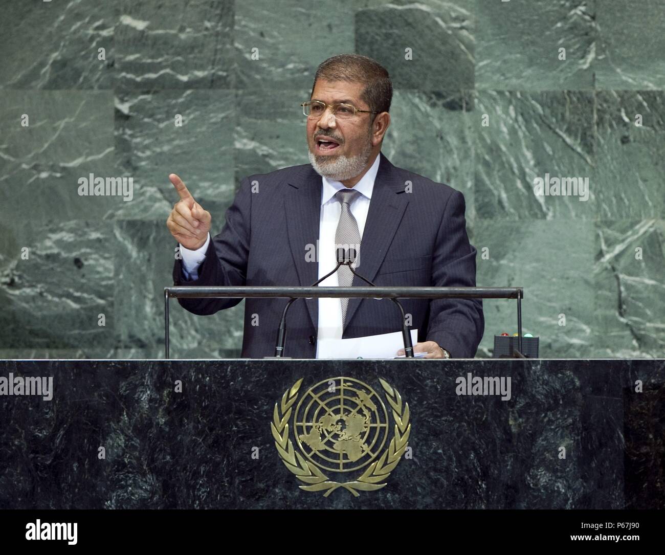 Der ehemalige ägyptische Präsident Mohamed Morsi Adressierung der Vereinten Nationen 2012 Stockfoto