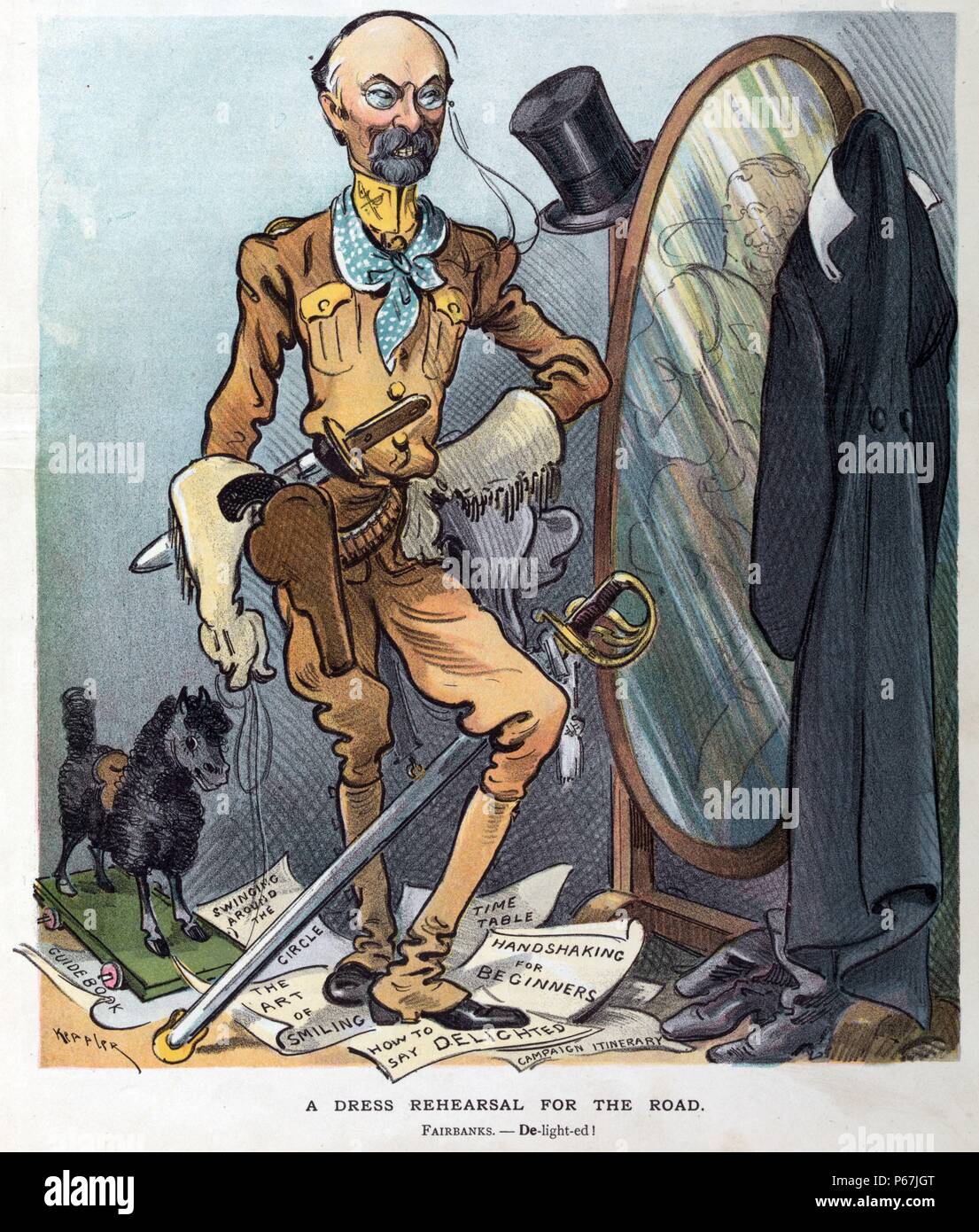 Die Generalprobe für die Straße." Charles W. Fairbanks, gekleidet wie ein Rough Rider, Stand vor einem Spiegel und selbst sehen, wie Theodore Roosevelt. Stockfoto
