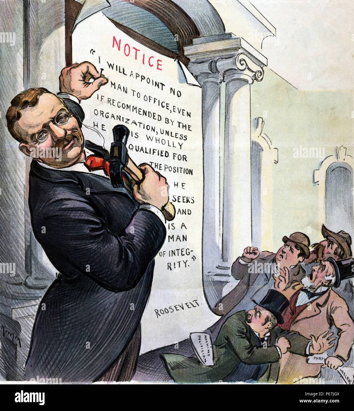 Seine Erklärung der Unabhängigkeit" Präsident Theodore Roosevelt nageln eine "Kurzinformation" an die Tür eines Federal Building, die besagt: "Ich will kein Mensch zu Office, auch wenn die von der Organisation empfohlen, es sei denn, er ist vollständig qualifizierte für die Position, die er sucht und ist ein Mann der Integrität." Vier Männer in der unteren rechten, eine 'Machine Politiker" und die andere mit der Aufschrift "Partei Heeler", Zurückschrecken vor der Bekanntmachung beschriftet. Stockfoto