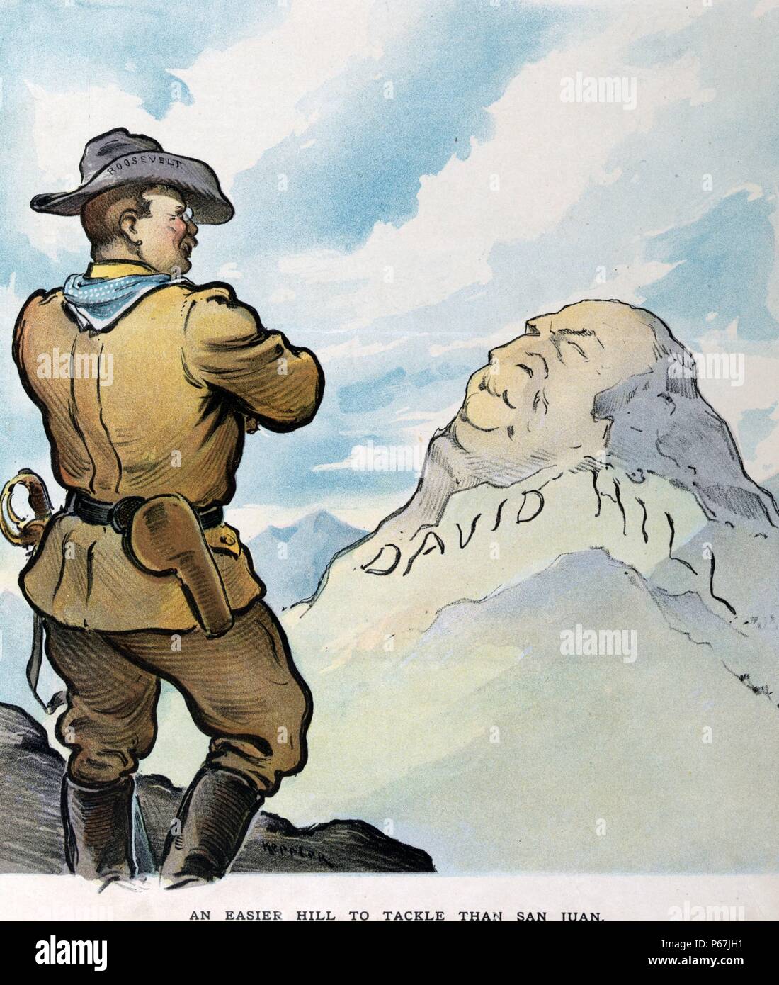 Ein einfacher Hügel zu bekämpfen, als San Juan' Präsident Theodore Roosevelt Tragen seiner Rough Rider uniform, stehend mit Arme vor der Brust verschränkt, auf einem Hügel auf der Suche mit der Bezeichnung 'David'. Stockfoto