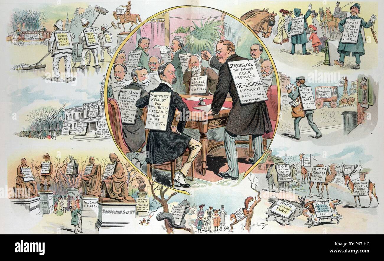 In ad Land' Präsident Theodore Roosevelt und Mitgliedern seines Kabinetts in einer Besprechung, die meisten sind durch ein Schild Werbung ein Patent für ein Medikament oder andere Produkt, das ist ein Wortspiel auf Ihre besonderen Amt identifiziert. Rund um den zentralen Bild sind Szenen mit Menschen, Tieren, und Statuen mit Hinweistafeln, darunter ein Elefant mit der Aufschrift "G.o.p. Die große Tarif Komiker - Kontinuierliche Performances" und Hinweistafeln vor einem Gebäude platziert. Stockfoto