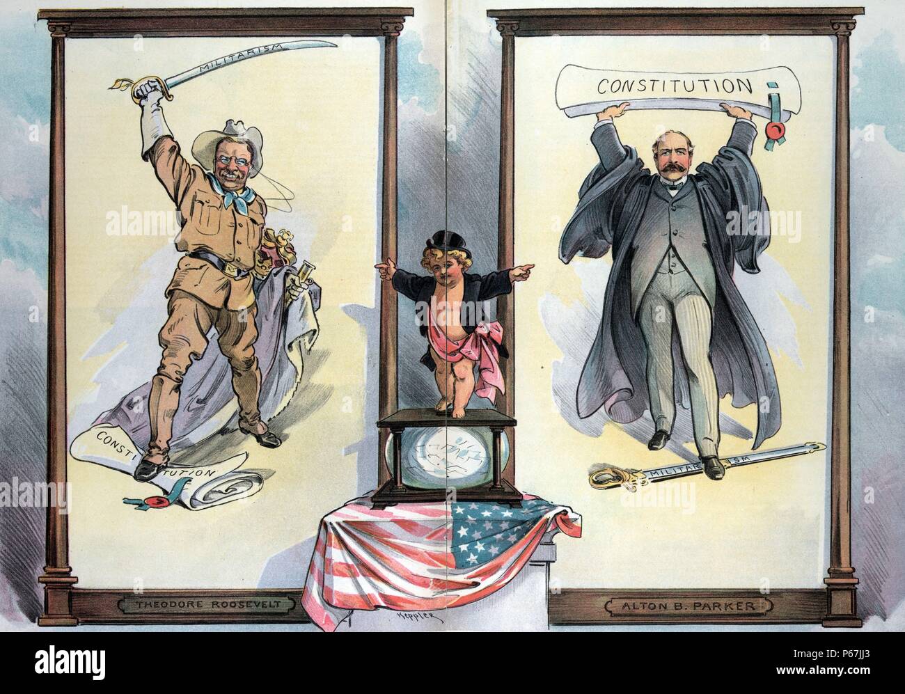"Treffen Sie Ihre Wahl, Herren'' Puck stehen auf einer Wahlurne zwischen Präsident Theodore Roosevelt, der einen Fuß auf der "Verfassung", winkt ein Schwert bin ilitarism' in einer bedrohlichen Weise über seinem Kopf gekennzeichnet, und königlichen Gewändern und eine Krone mit seinem linken Arm, und Alton B. Parker, der einen Fuß auf ein Schwert als 'Militarism" und hält aloft "Verfassung". Stockfoto