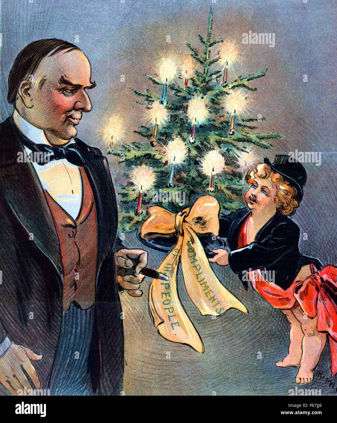 Ein frohes Weihnachtsfest! " Puck bietet einen kleinen Weihnachtsbaum mit Band unter Angabe "Komplimente des Volkes" Präsident McKinley. Stockfoto