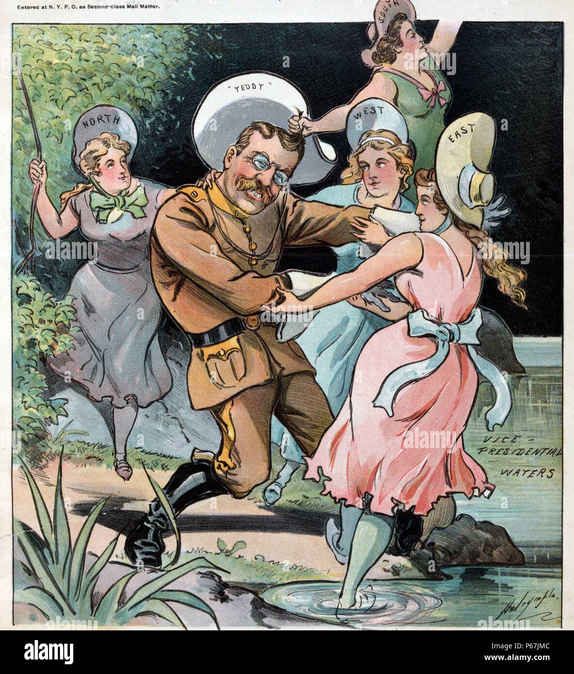Der Kampf für das Leben' Teddy Roosevelt, in seiner rauhen-rider Uniform, zu 'Vice Presidential Gewässer gezogen werden' von vier Frauen mit der Aufschrift "Norden", "Osten", "Süden" [und] "West". Stockfoto