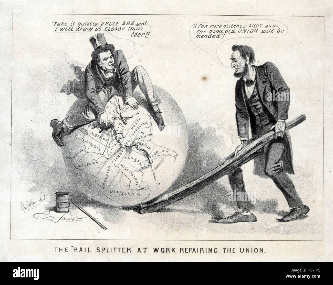 Die "Splitter" bei der Arbeit der Instandsetzung der Union" Cartoon Drucken zeigt Vice President Andrew Johnson auf einem Globus sitzen und versuchen, die Karte der Vereinigten Staaten mit Nadel und Faden zusammen zu nähen. Abraham Lincoln steht, rechts, mit einem Split der Bahn die Kugel zu positionieren. Johnson warnt, "nehmen Sie ruhig Onkel Abe und ich werde es näher als je zuvor." Während Lincoln ihn lobt, "noch ein paar Stiche Andy und den guten alten Union wird ausgebessert werden." Stockfoto