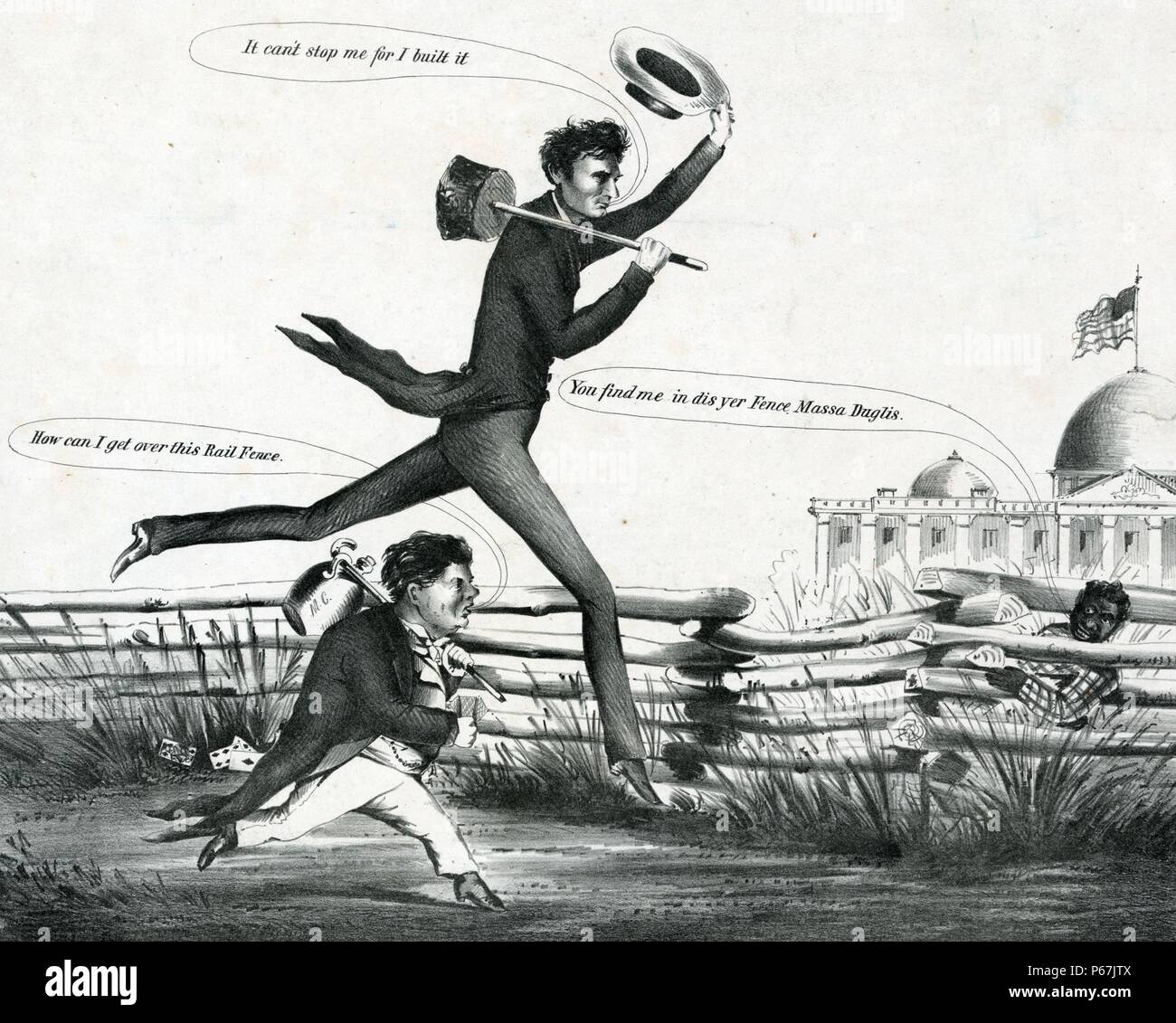 Lincoln und Douglas in präsidialen Wettlauf' Rivalen nominierten Präsidenten Lincoln und Douglas in einem Wettlauf, in dem die Lincoln lange Stride ist ein klarer Vorteil abgestimmt sind. Sowohl Sprint auf einen Weg in Richtung der U.S. Capitol, der im Hintergrund rechts erscheint. Sie sind durch eine Schiene Zaun getrennt, eine Bezugnahme auf die populären Bild Lincolns als Schiene-Splitter. Douglas, deren charakteristischer Atemnot ist hier zu zwergenhaften Dimensionen übertrieben, wundert sich, laut, 'Wie kann ich über diese Schiene Zaun erhalten." Stockfoto