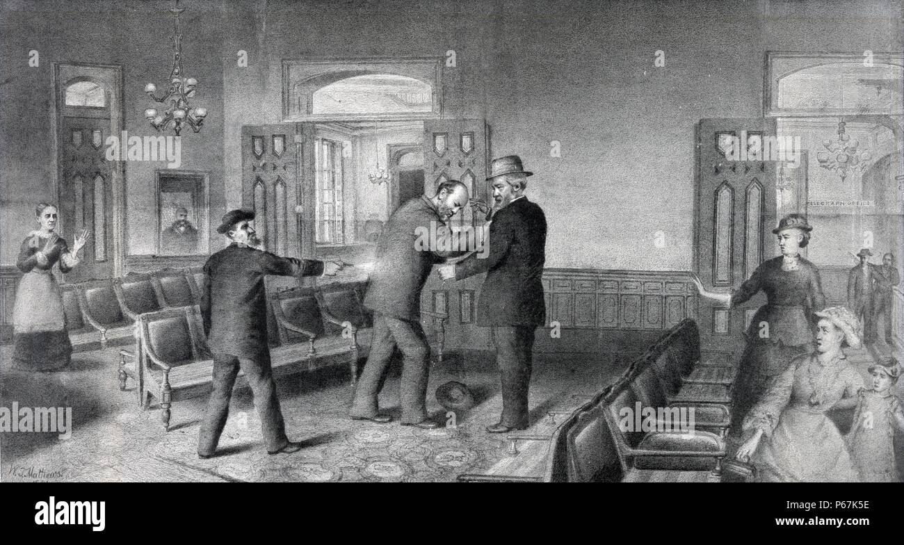 Szene der Ermordung des Gen. James A. Garfield, Präsident der Vereinigten Staaten. Während seiner Zeit im Amt, er Präsidentschaftswahlen Vollmacht über die SENATORISCHE Behörde wieder eingeführt, wenn es um die exekutive Verabredungen kamen. Stockfoto