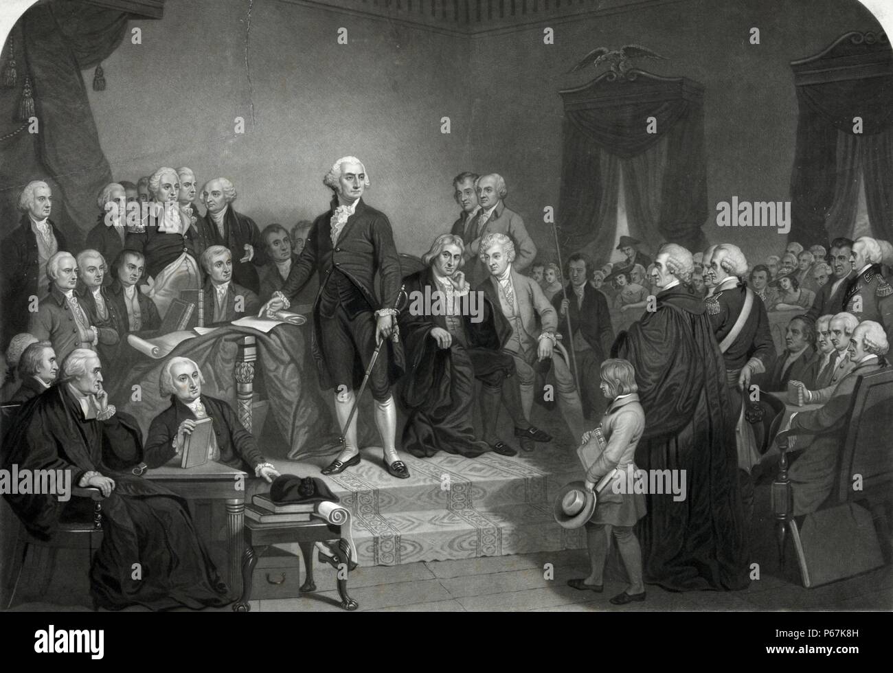 Washington seine Antrittsrede im Alten Rathaus, New York "George Washington seine Antrittsrede liefern vor den Mitgliedern des Kongresses. Enthält Text der Rede. Stockfoto