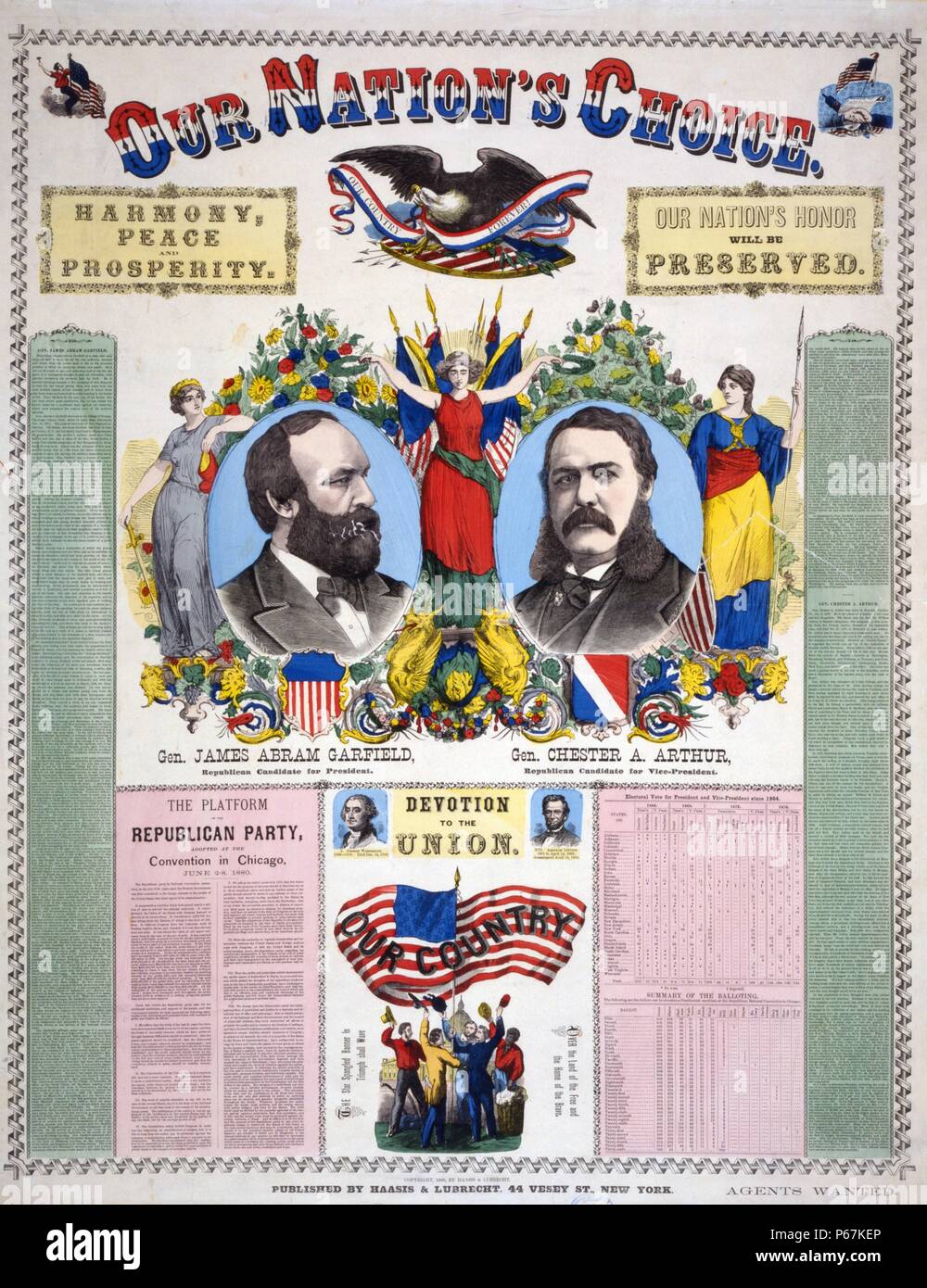 Auswahl unserer Nation - - Allg. James Abram Garfield, republikanischen Kandidaten für das Amt des Präsidenten, General Chester A. Arthur, der republikanische Kandidat für Vizepräsident' Kampagne Poster mit Kopf und Schultern Porträts von James Garfield und Chester A. Arthur, mit Text und patriotische Bilder einschließlich eines American Eagle und Männer um Flagge versammelt. Stockfoto