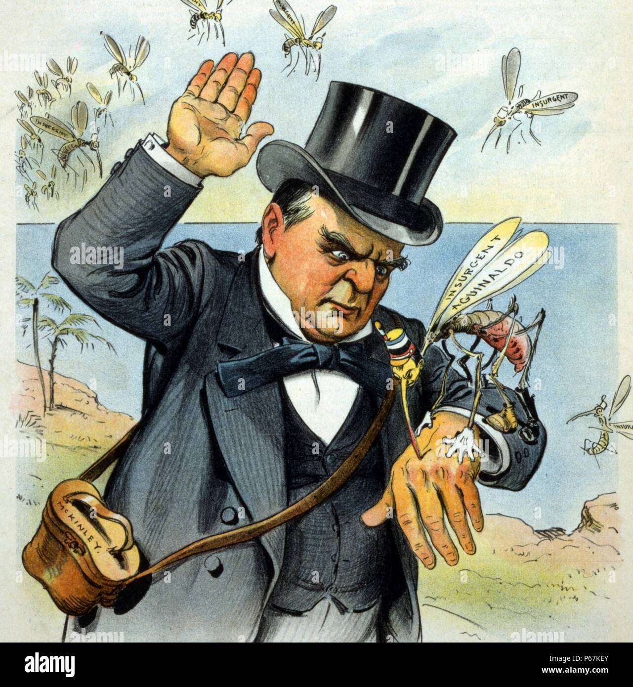 Ihn hart getroffen! Präsident McKinley - "osquitoes scheinen hier noch schlimmer in den Philippinen, als sie es in Kuba'' William McKinley Zu swat 'aufständischen Aguinaldo", eine Mücke, wie andere 'Aufständischen' Moskitos vorbereiten, ihn anzugreifen. Stockfoto