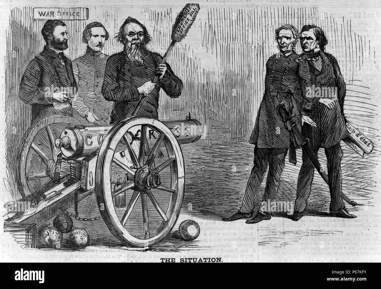 Die Situation "Ulysses Grant und Edwin Stanton in der Nähe von Kanone gekennzeichnet"Kongreß"abzielen, Lorenzo Thomas und Präsident Johnson. Stockfoto