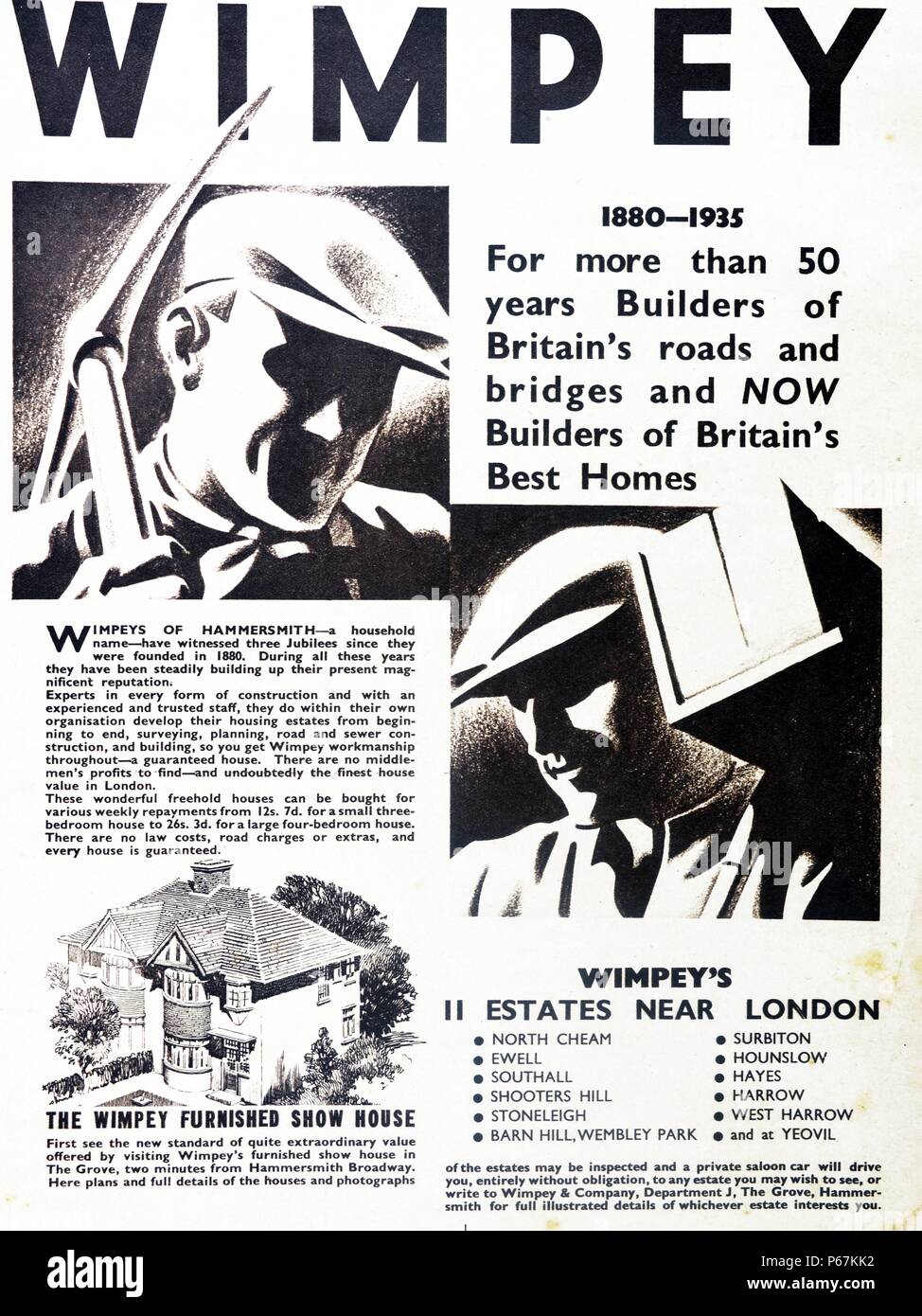 Werbung für Wimpey Musterhäuser. Vom Jahre 1935 Stockfoto