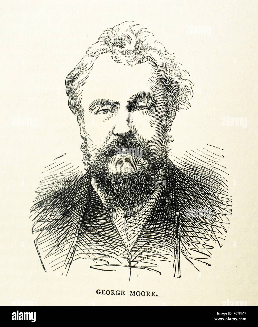 Gravur der irische Schriftsteller George Moore (1852-1933), Kurzgeschichten, Dichter, Kunstkritiker, US-amerikanische Schriftstellerin und Dramatiker. Datiert 1900 Stockfoto
