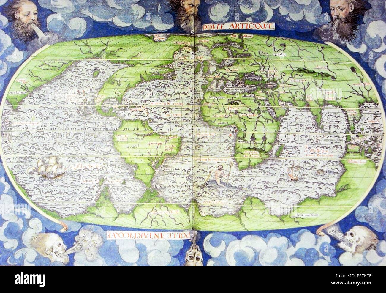 Jahrhundert Karte der Welt von Guillaume Le Testu (1509-1573) französische Privatfahrer, Explorer, Kartograph und Navigator. Datiert 1556 Stockfoto