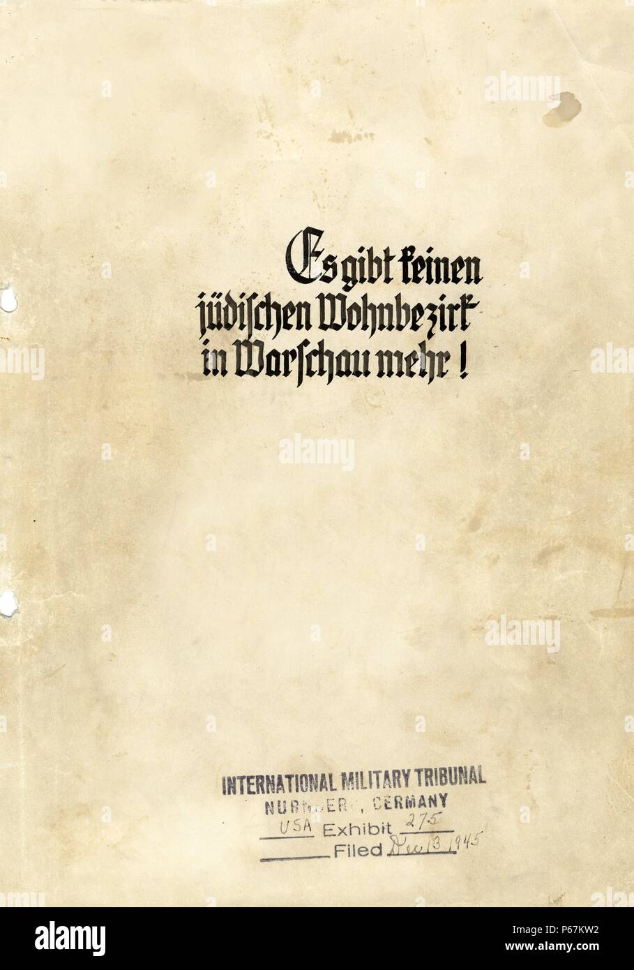 Das Deckblatt aus einem Exemplar von Jürgen Stroop Bericht zu Heinrich Himmler von Mai 1943 den deutschen Titel liest Es gibt keine jüdische Viertel in Warschau mehr. Vom 1943 Stockfoto