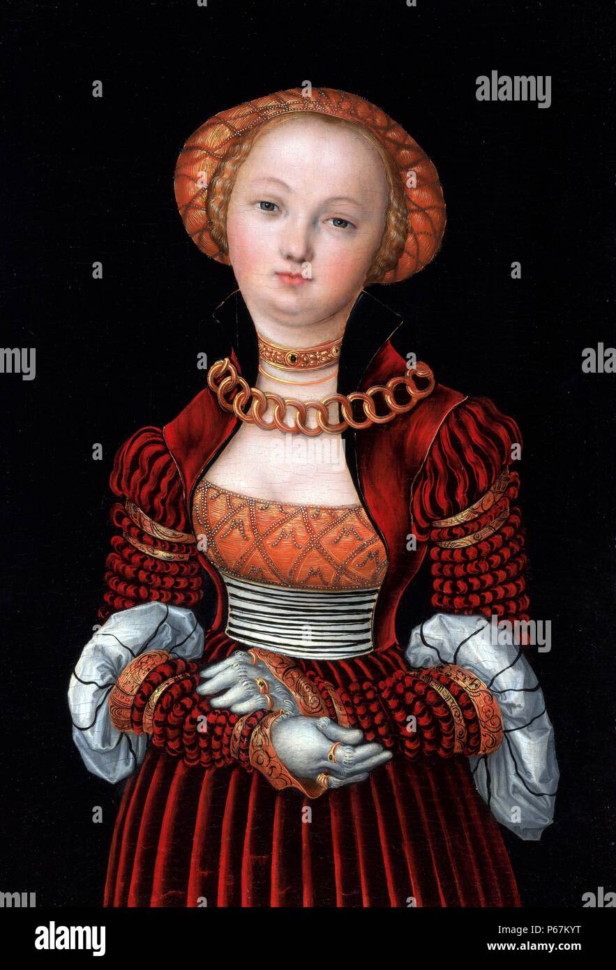 Bildnis einer jungen Frau. Von Lucas Cranach dem Älteren (1472-1553) Deutsche Renaissance Maler und Graphiker in Holzschnitt und Kupferstich. Vom 16. Jahrhundert Stockfoto