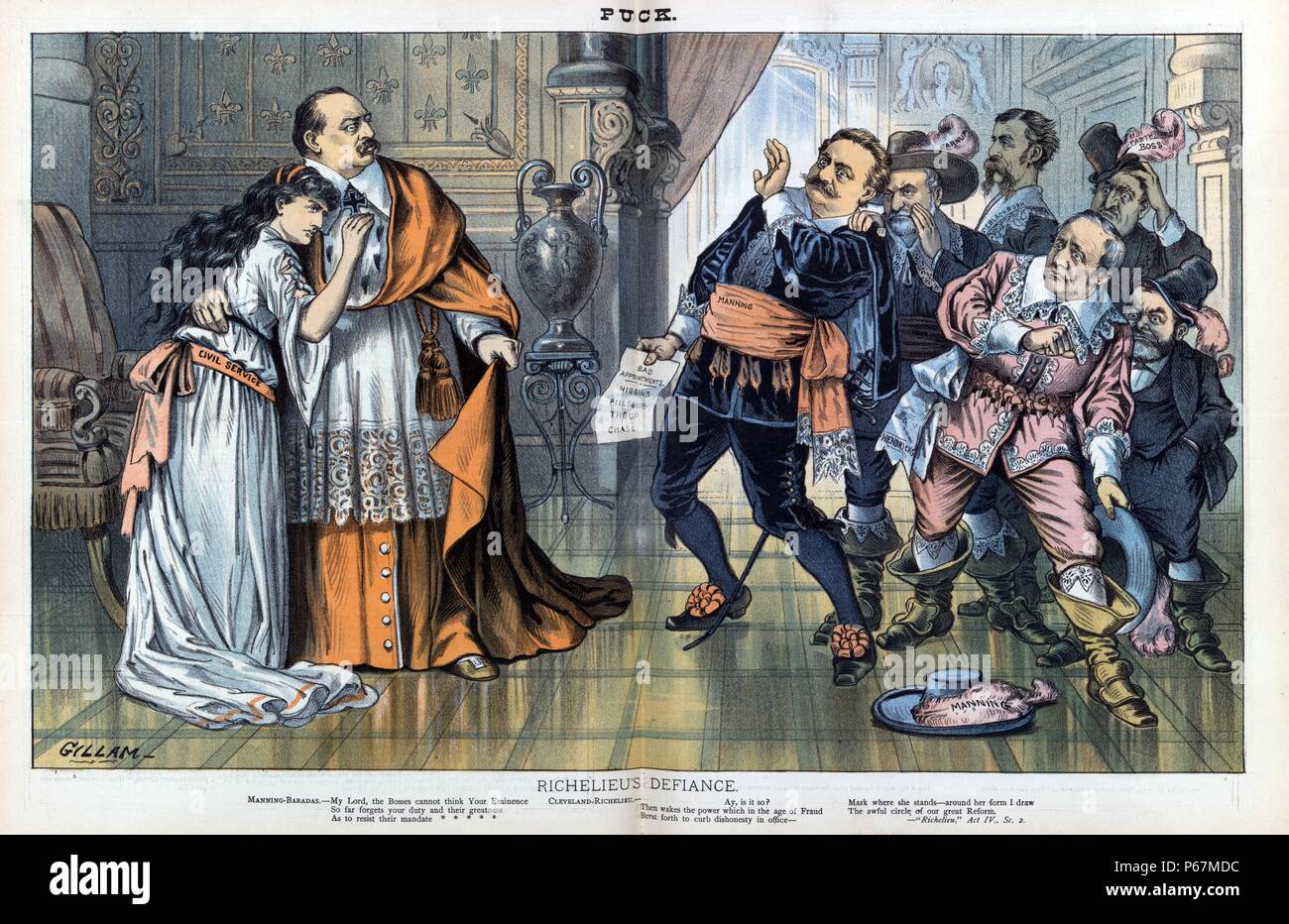 Die richelieu Defiance' Präsident Cleveland als Kardinal Richelieu, eine junge Frau mit der Bezeichnung "Öffentlichen Dienst", wie er von einer Gruppe von Höflingen als 'Manning, Barnum, C.S. konfrontiert ist, Blackburn, [und] Hendricks', auch John Kelly und ein Mann als "Parteichef" identifiziert. Manning hält ein Papier, das den Mitgliedstaaten schlecht Termine - Higgins, Pillsbury, Troup, [und] Chase". Enthält Text durch "Manning - Baradas' und 'Cleveland-Richelieu'. Stockfoto