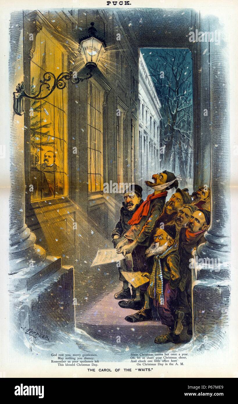 Das Lied der 'wartet'' Gruppe der Asylbewerber als 'Msauber, Pulitzer, Dorsheimer, Blackburn, McLaughlin, Hill, [und] Dana' singen Weihnachtslieder außerhalb des "White House", wo Präsident Cleveland, durch ein Fenster sichtbar ist. Ihre Carol: 'Gottes Ruhe, Merry Gentlemen, / Kann nichts Schrecken;/erinnern uns Armen spoilsmen Links/dieses gesegnete Weihnachten. / Seit Weihnachten kommt aber einmal im Jahr, / ach, lassen Sie uns Ihre Weihnachtsatmosphäre, / und Chuck ein kleines Büro hier/am Weihnachtstag in der Uhr ab." Teilen Stockfoto
