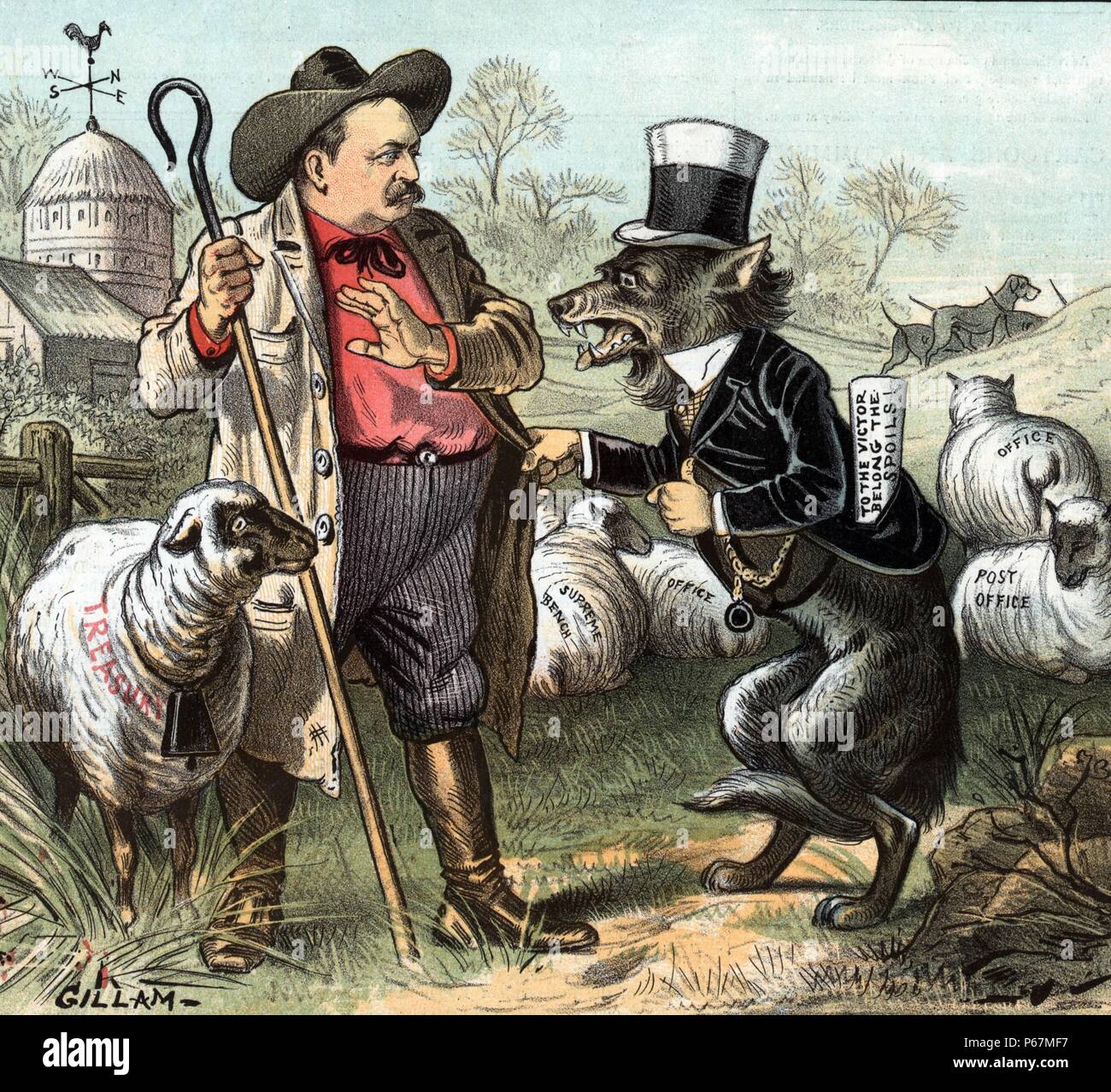 Eine Reform des öffentlichen Dienstes Version eines alten Fabel "Grover Cleveland als Hirten zu seiner Herde mit der Aufschrift "Treasury, Oberste Sitzbank, Büro, [und] Post Office", sagte er zu einem gut gekleideten Wolf, der ein Stück Papier in seiner Tasche hat mit der Aufschrift "Dem Sieger gehört die Beute", daß er nicht korrupt Republikaner zugunsten der Beute drehen - hungrige Demokraten. Stockfoto