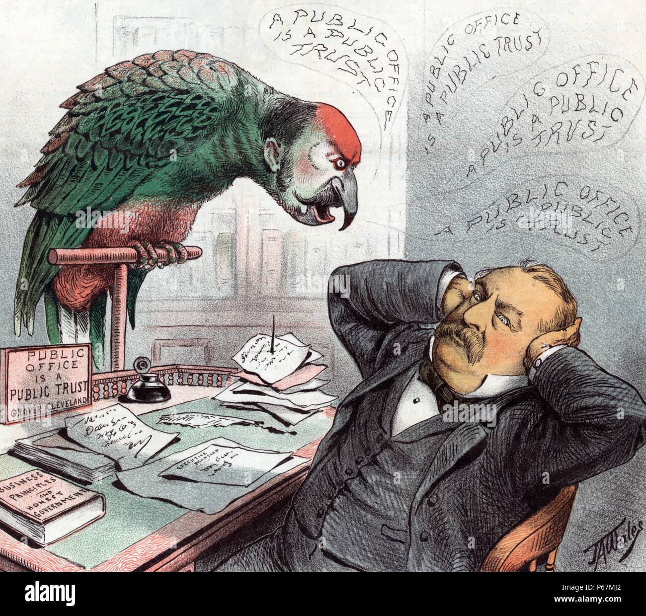 Echos aus Nachricht Governor's Hill" eine große Papageien, David B. Hügel, thront auf einem Stand neben Präsident Cleveland's Schreibtisch, füllen die Luft mit ihrem Geschrei" ein öffentliches Amt ein öffentliches Vertrauen' ist, Wiederholen einer Aussage einmal von Cleveland und das erscheint auf einem Schild auf seinem Schreibtisch. Präsident Cleveland sitzt am Schreibtisch mit seinen Händen über die Ohren. Stockfoto