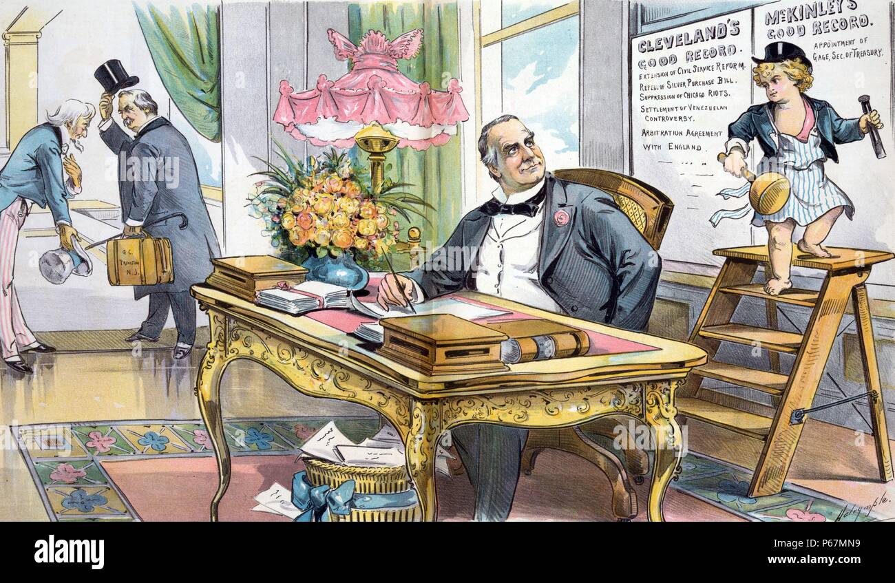 Einweihung Tag, 1897 - ein guter Anfang' Präsident William McKinley an seinem Schreibtisch im Oval Office, wie der ehemalige Präsident Grover Cleveland mit Uncle Sam fährt; Puck steht auf einer Leiter,'s Carving bin cKinley gute Aufzeichnung' und 'Gage, sek. von Treasury" in Stein neben 'Cleveland ist gut Record', die auch die "Ausweitung der Reform des öffentlichen Dienstes", "Aufhebung der Silber kaufen Bill", Unterdrückung von Chicago Unruhen', Abwicklung der Venezolanischen Kontroverse' und 'Schiedsvereinbarung mit England'. Stockfoto