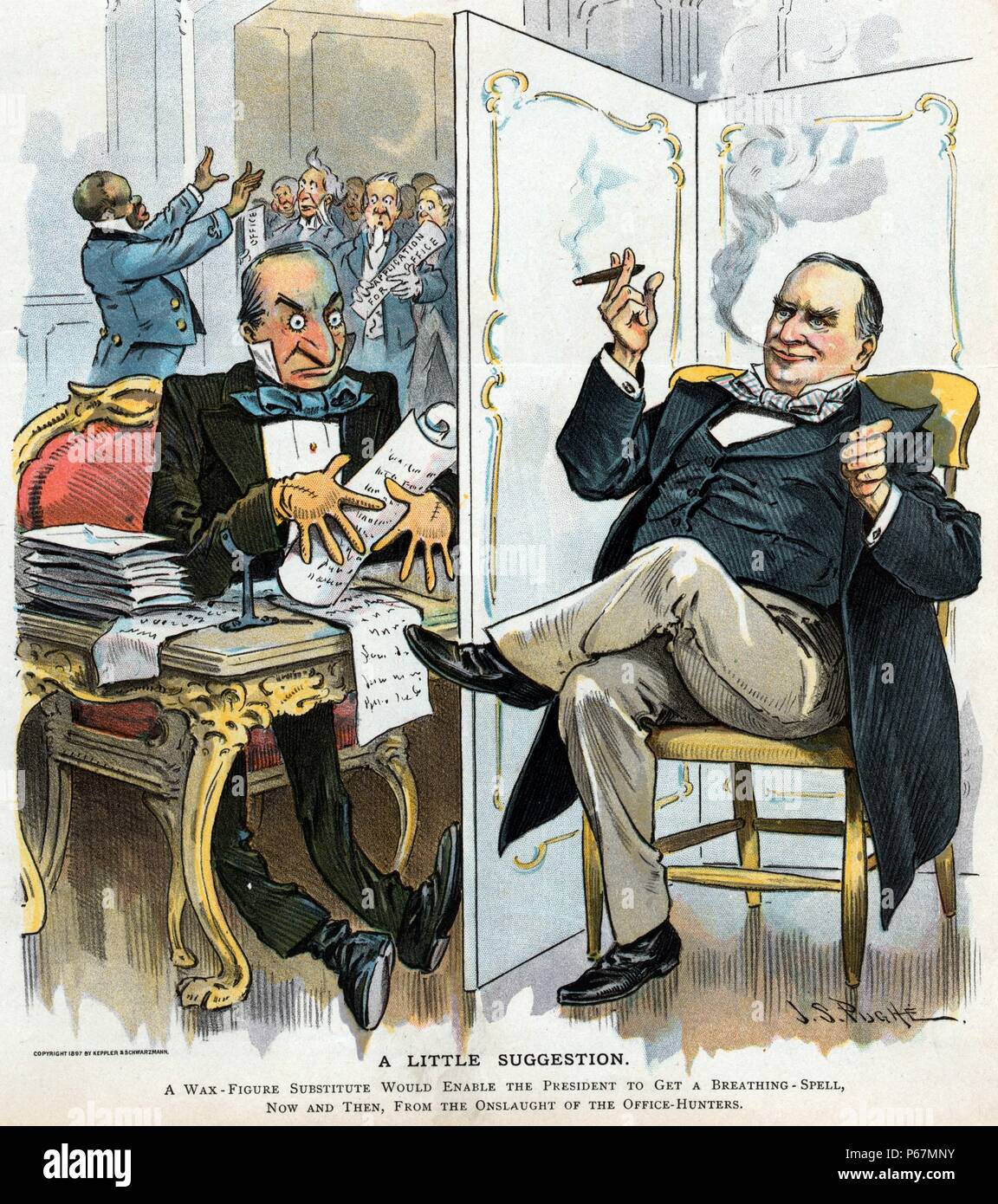 Eine kleine Anregung" Präsident McKinley Pause eine Zigarre zu rauchen, während eine Wachsfigur an seinem Schreibtisch sitzt, die darauf hindeuten, dass er ist stark an der Arbeit Überprüfen der Anwendungen von Office Asylbewerber, die sich im Hintergrund lautstark sind, in der Hoffnung, ein Publikum mit dem Präsidenten zu erhalten. Stockfoto