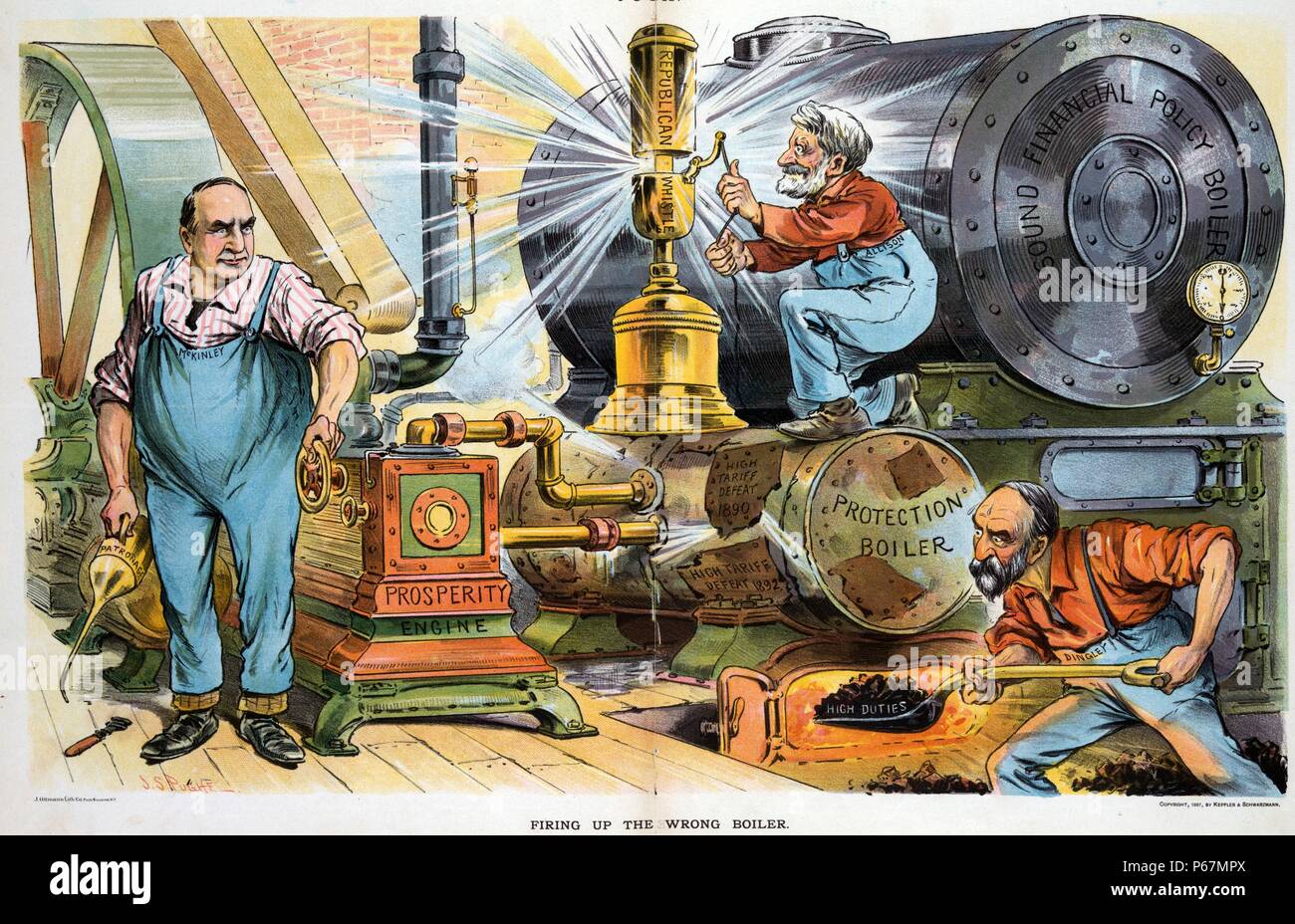 Feuern Sie die falschen Kessel' Präsident McKinley Holding ein Öl mit der Bezeichnung "Protektion" und Drehen der Kurbel auf einem 'Wohlstand' während Nelson Dingley schaufeln Kohle in ein beschädigt" Schutz Kessel' als 'Hohe Tarif Niederlage 1890' und 'Hohe Tarif Niederlage 1892", das neben einem nagelneuen und unbenutzten Kessel "solide Finanzpolitik Kessel'; William B. Allison zieht die auf einem großen Messing Republikaner Pfeifen" griff gekennzeichnet. Stockfoto