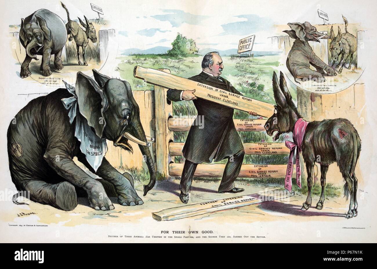 Für ihre eigenen guten' Präsident Cleveland hinzufügen boards' Erweiterung Reform des Öffentlichen Dienstes unter Präsident Cleveland beschriftet" an einen Zaun mit Brettern' Erweiterung Reform des Öffentlichen Dienstes unter Pres Harrison','Reform des Öffentlichen Dienstes unter Pres Cleveland" und "Ausweitung der Reform des öffentlichen Dienstes unter Pres. Arthur', umschließt eine Weide mit der Bezeichnung "öffentliches Amt"; ihm sind die Republikaner Elefant und der Demokratischen Esel, jedem tragen Bändern, Staat" zu den Siegern gehören der Beute". Stockfoto