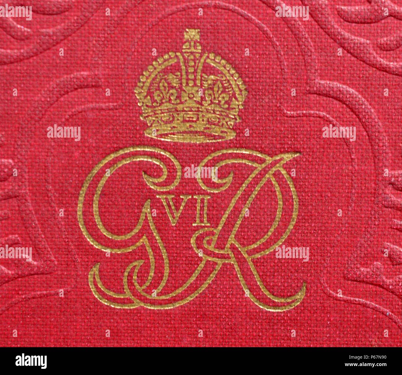Commorative Buch anlässlich der Corination von König George VI 1937. Der Deckel trägt das Monogramm (George Rex) des Königs. Stockfoto