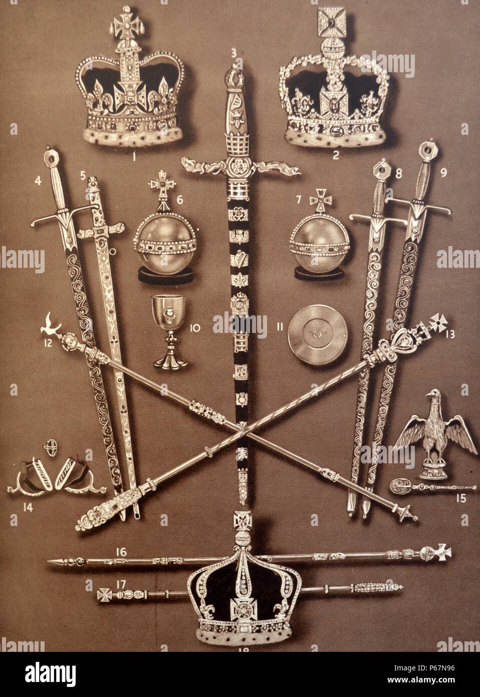 Zeremoniellen Kronen und andere Insignien für die Krönung von König George VI. Stockfoto