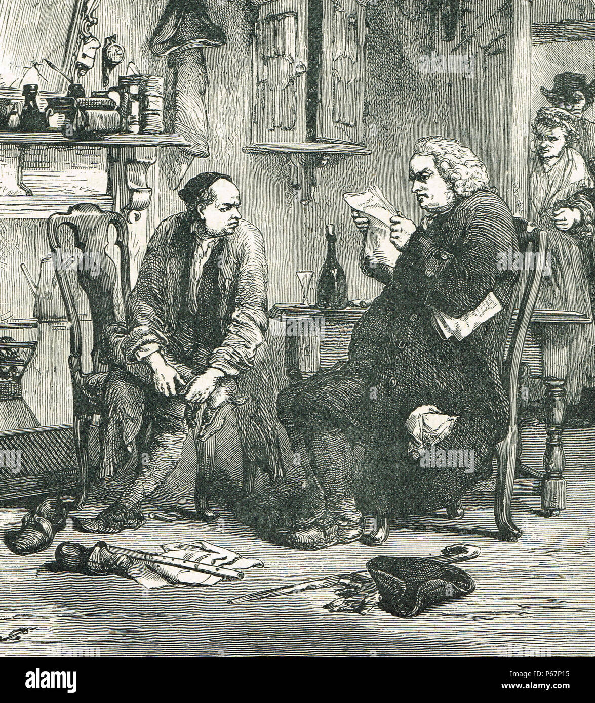 Dr. Samuel Johnson lesen das Manuskript der Vikar von Wakefield, einem Roman von seinem Freund, dem irischen Schriftsteller Oliver Goldsmith Stockfoto